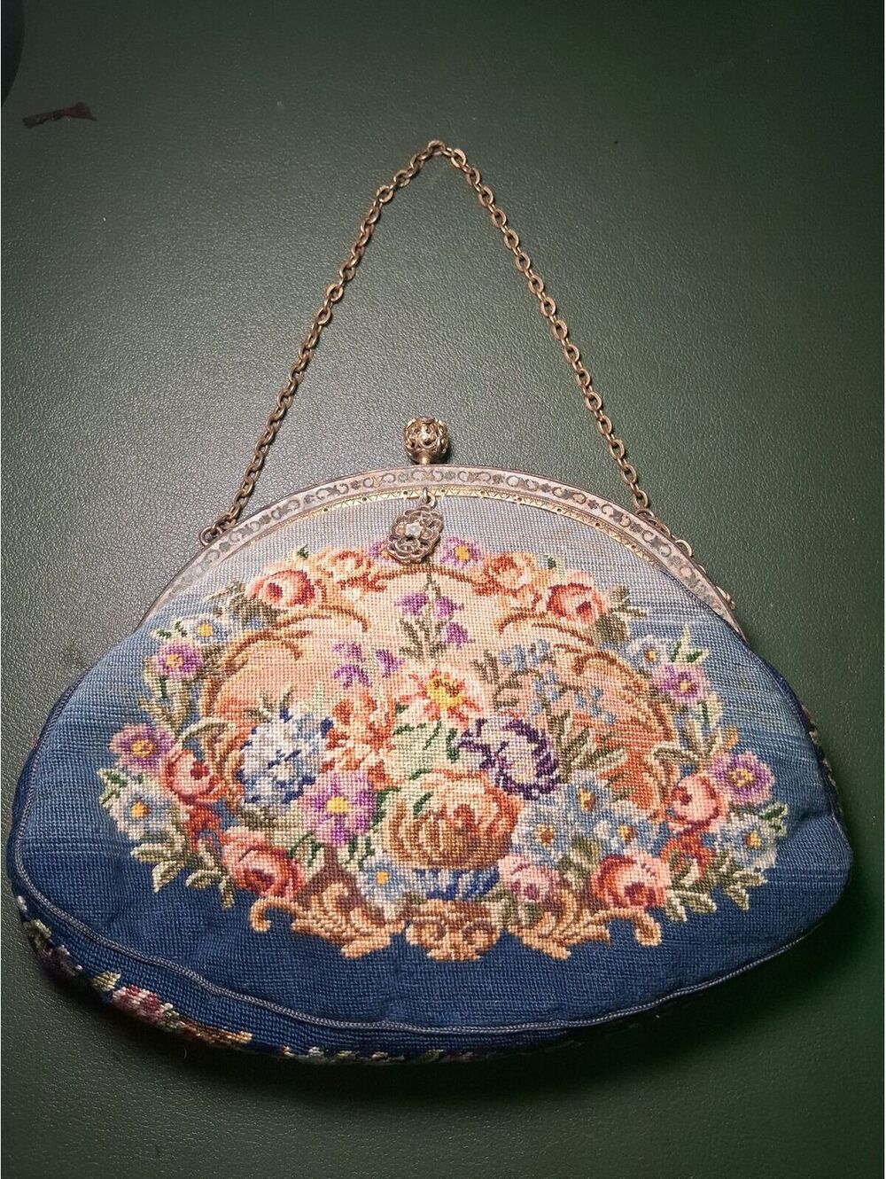 Antique Petit Point Floral Evening Purse & Matching Compact